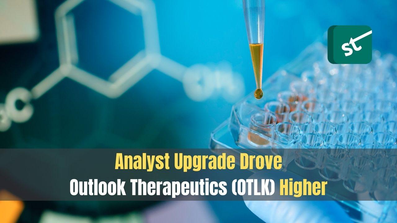 Outlook Therapeutics stock investor reviewing portfolio on a tablet with a spreadsheet and financial news in the background.