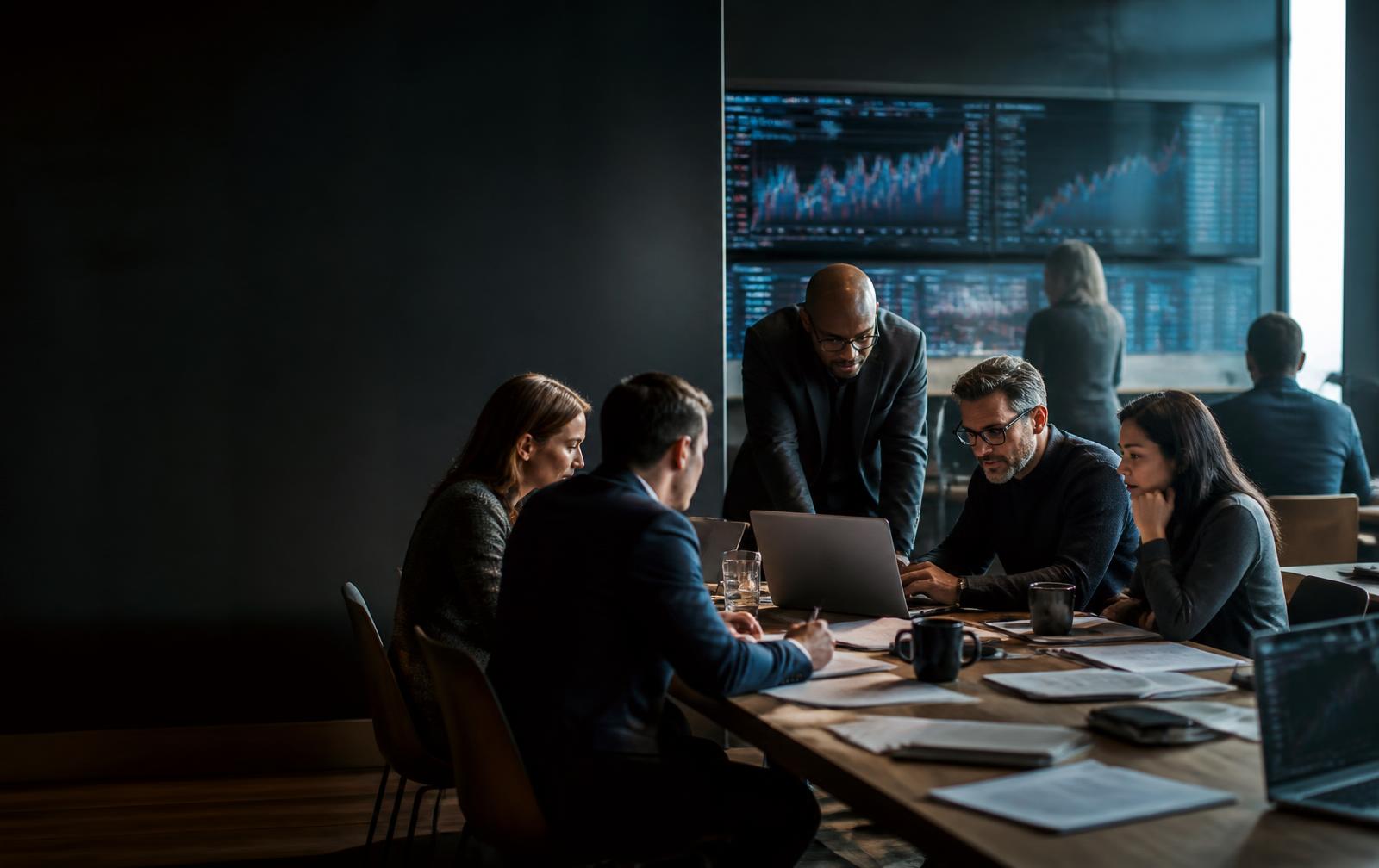 A multidisciplinary financial research team collaborating in a market newsroom